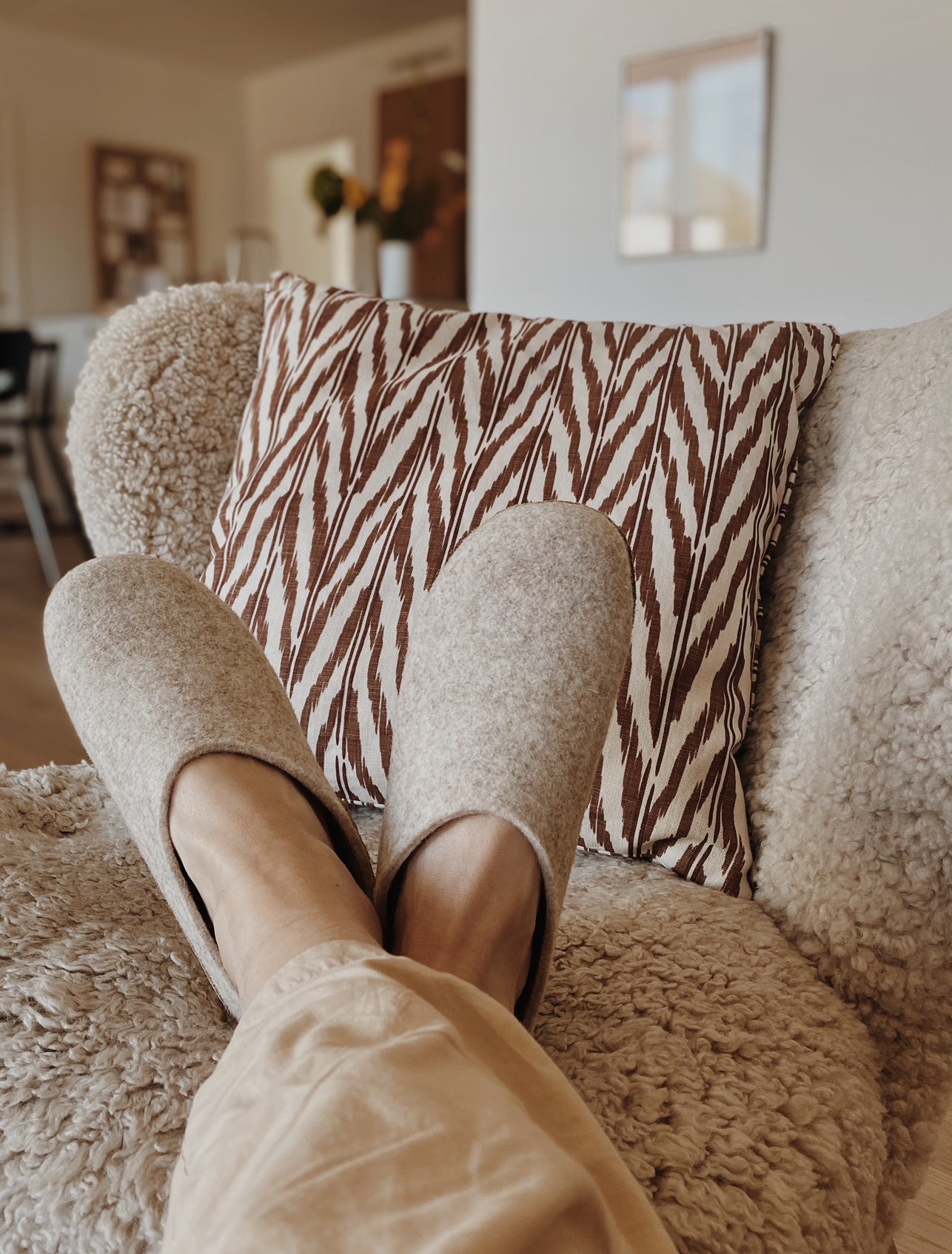 Tøffel med gummisåle – Beige